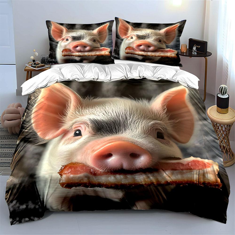 Piglet Holding Bacon Printed Duvet Cover Set1 Duvet Cover+2 Pillowcasemulti Size Bedroom Bedding Decor Machine Washable