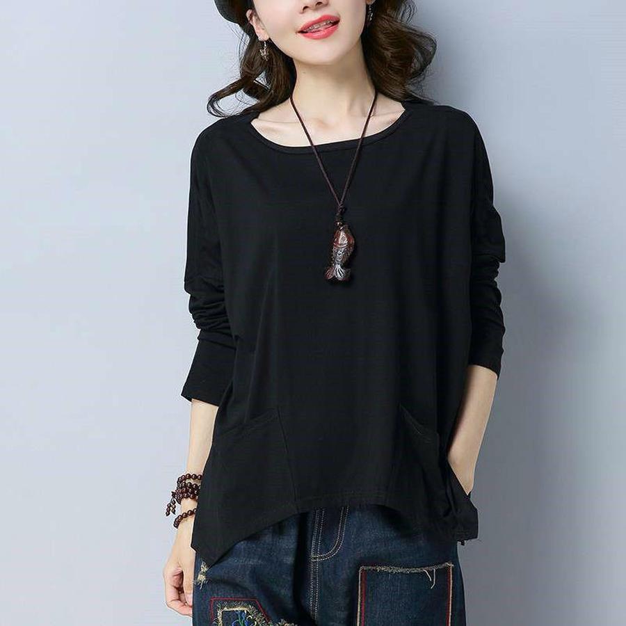 Solid Color Oversized Women's Clothing Design Pocket Long Sleeve T-Shirt for Women Autumn New Loose Retro Simple Top