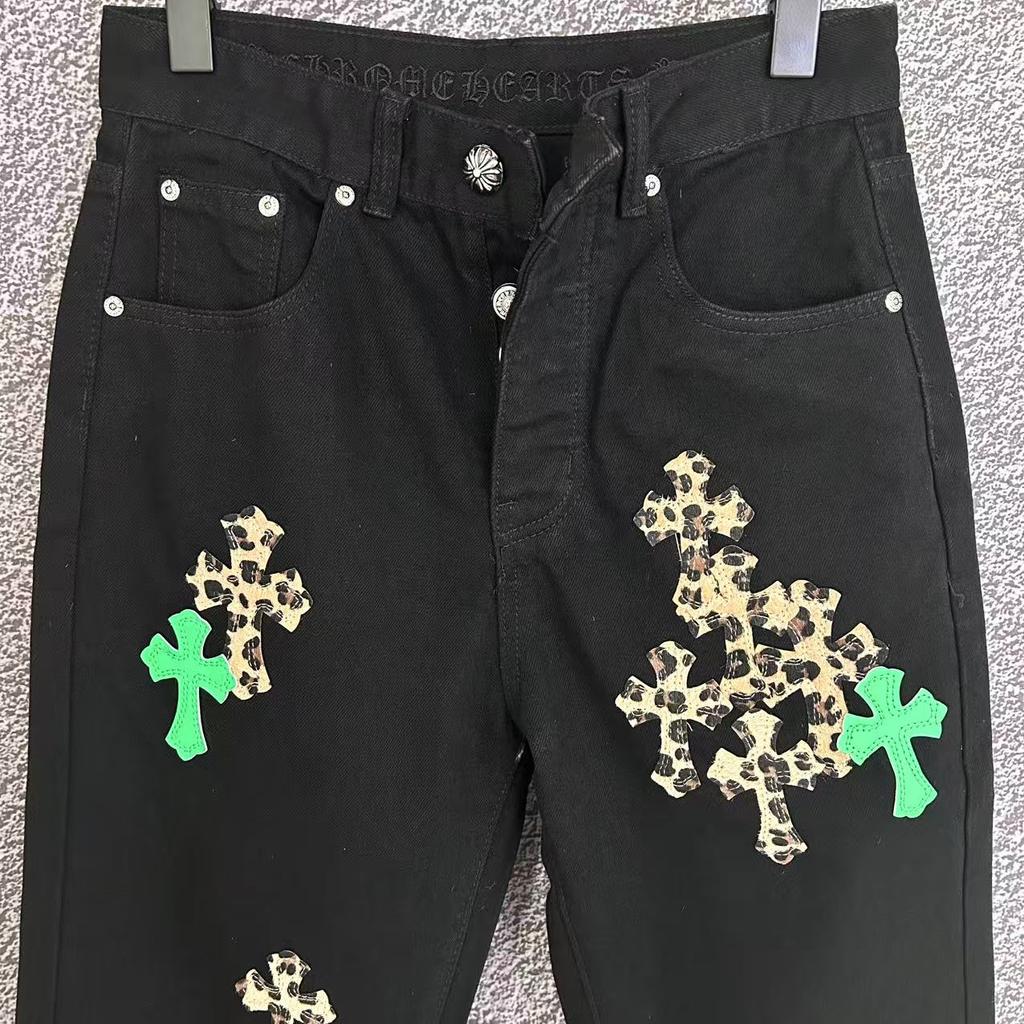 9922 CHROME HEARTS Men's and Women's American Style Trendy Jeans with Fabric Patches, Casual and Fashionable High Street Pants