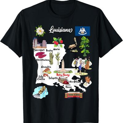 Illustrated Map of Louisiana In the USA, Cities, Symbols T-Shirt