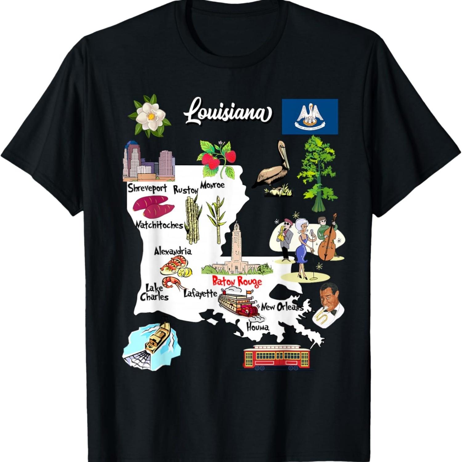 

Illustrated map of Louisiana in the USA, cities, symbols T-Shirt S чёрный