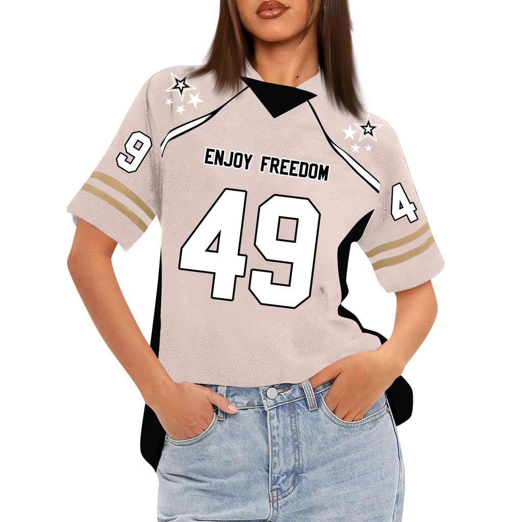 Women's Oversized Short Sleeve Mesh Football Jerseys Shirt V Neck Graphic Top Tee