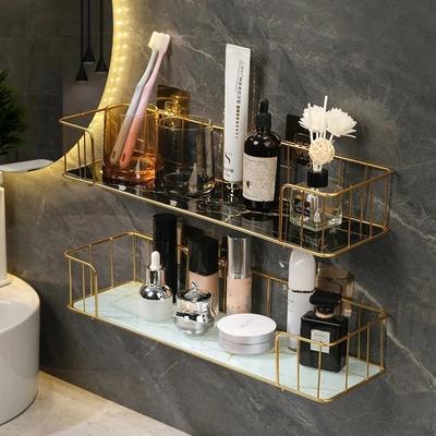 Prateleira de banheiro luxuosa sem perfuração, prateleira de parede de ferro com estilo mármore, placa de vidro, rack de armazenamento de maquiagem, acessórios de banheiro