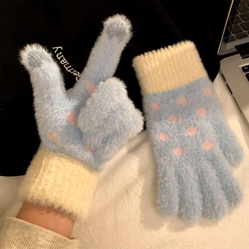 Polka Dot Five-Finger Gloves Touchscreen Warm Gloves Sweet Knitted Gloves Riding