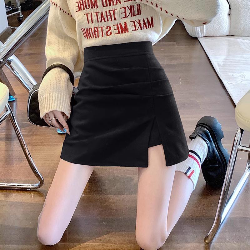 

2026 High-Waist Woolen Pleated A-Line Slit Skirt for Women L чёрный