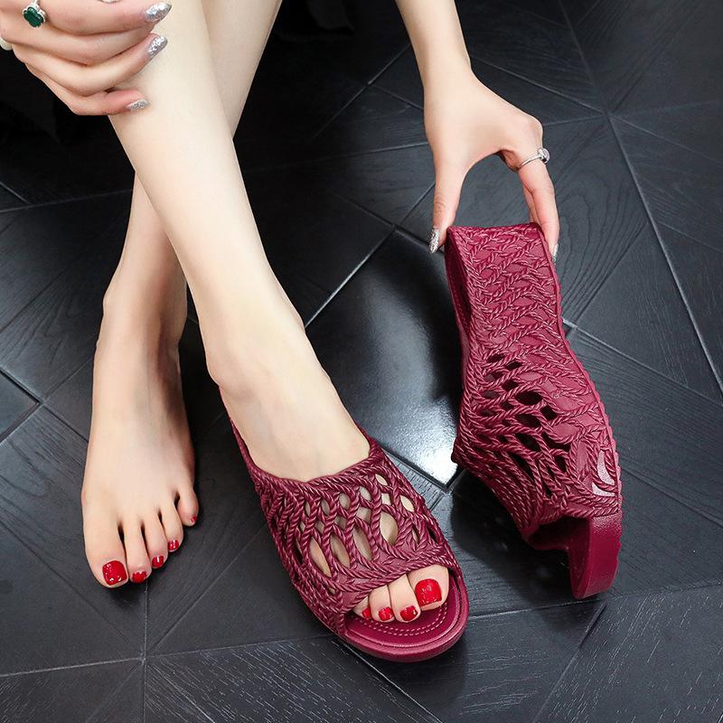Women's 2025 Fashion High Heel Non-Slip Slippers - Summer Hollow Out, Comfortable, Thick Sole, One-Strap Design for Outdoor Use