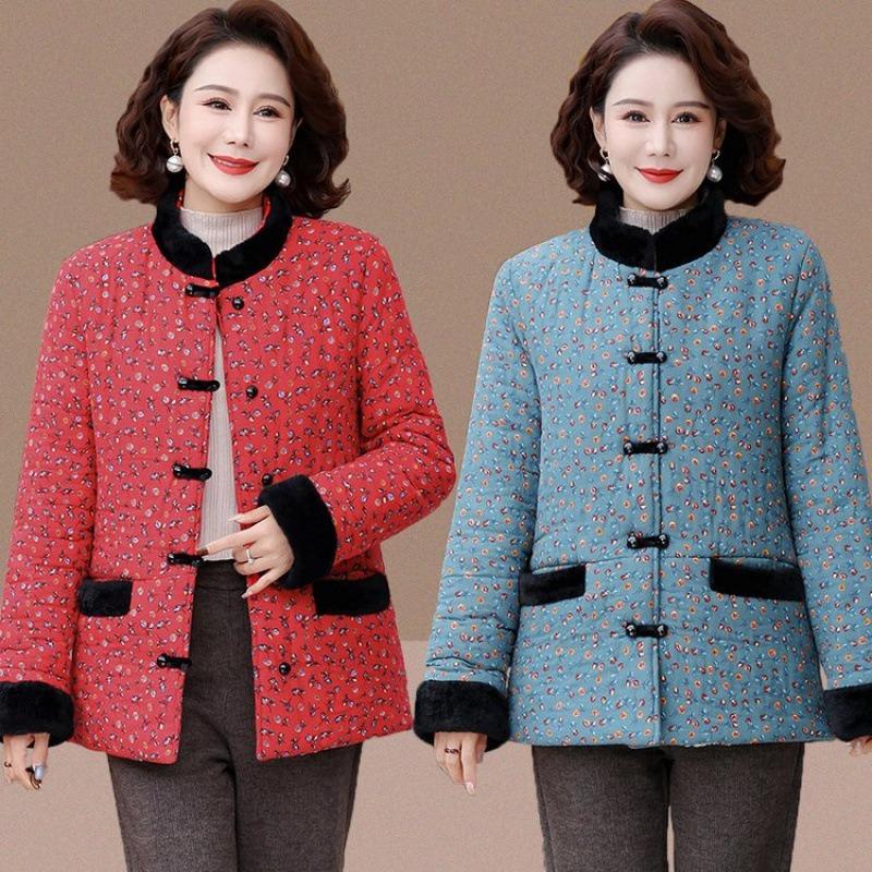 Floral winter padded jacket, new padded jacket to keep warm, Chinese thickened padded jacket, disc buckle and fleece jacket for women