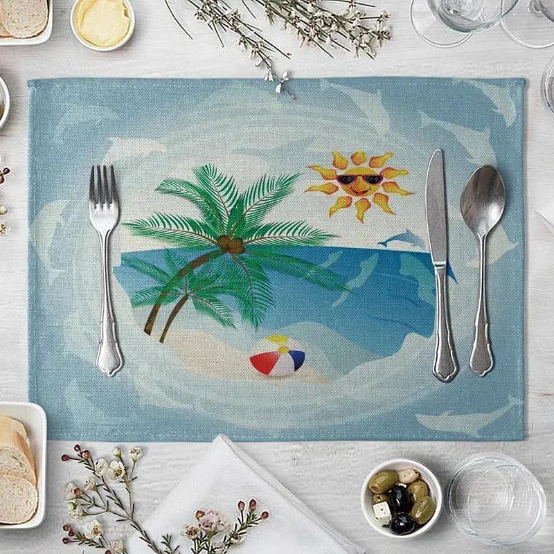 1PC Table Mats for Dining  Seaside Beach Pattern  Placemat Coconut Tree Linen