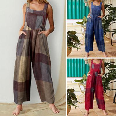 Sem mangas gola quadrada macacão bolsos perna larga tornozelo comprimento retro xadrez padrão suspender playsuit streetwear