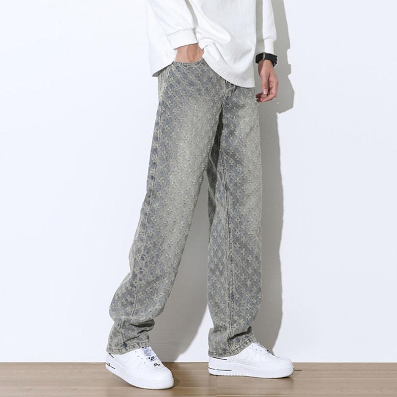 JYL Men's Jacquard Jeans Summer Vintage Vibe High-Street Straight Denim Pants