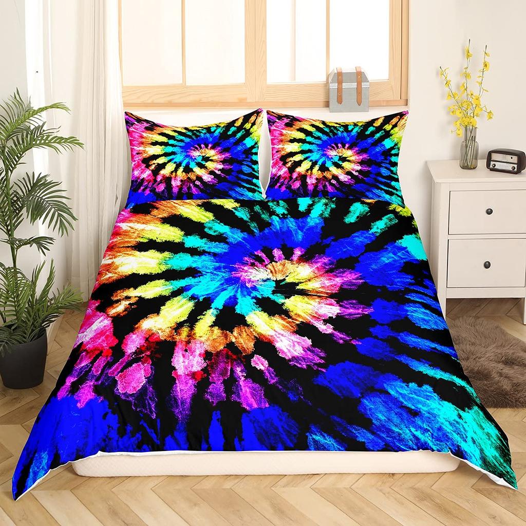 Tie Dye Duvet Cover Set Bohemian Hippie Spiral Printing Queen Bedding Sets Ethnic Boho Comforter Cover Sets For Men Women Kids