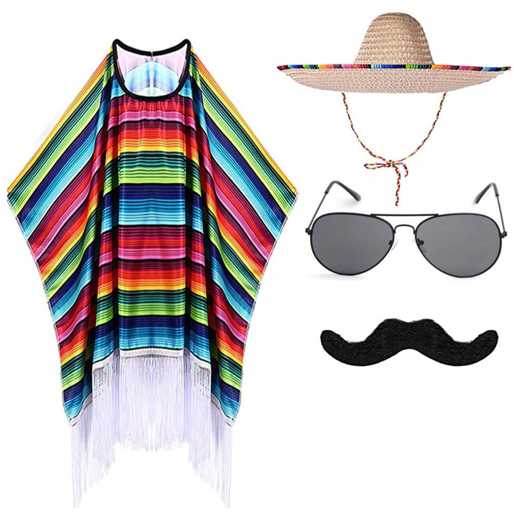 Mexicans Party Outfit for Kids Adult with Poncho Cape Sombrero Hat Sunglasses Maracas and Mustache for Interactive Fun