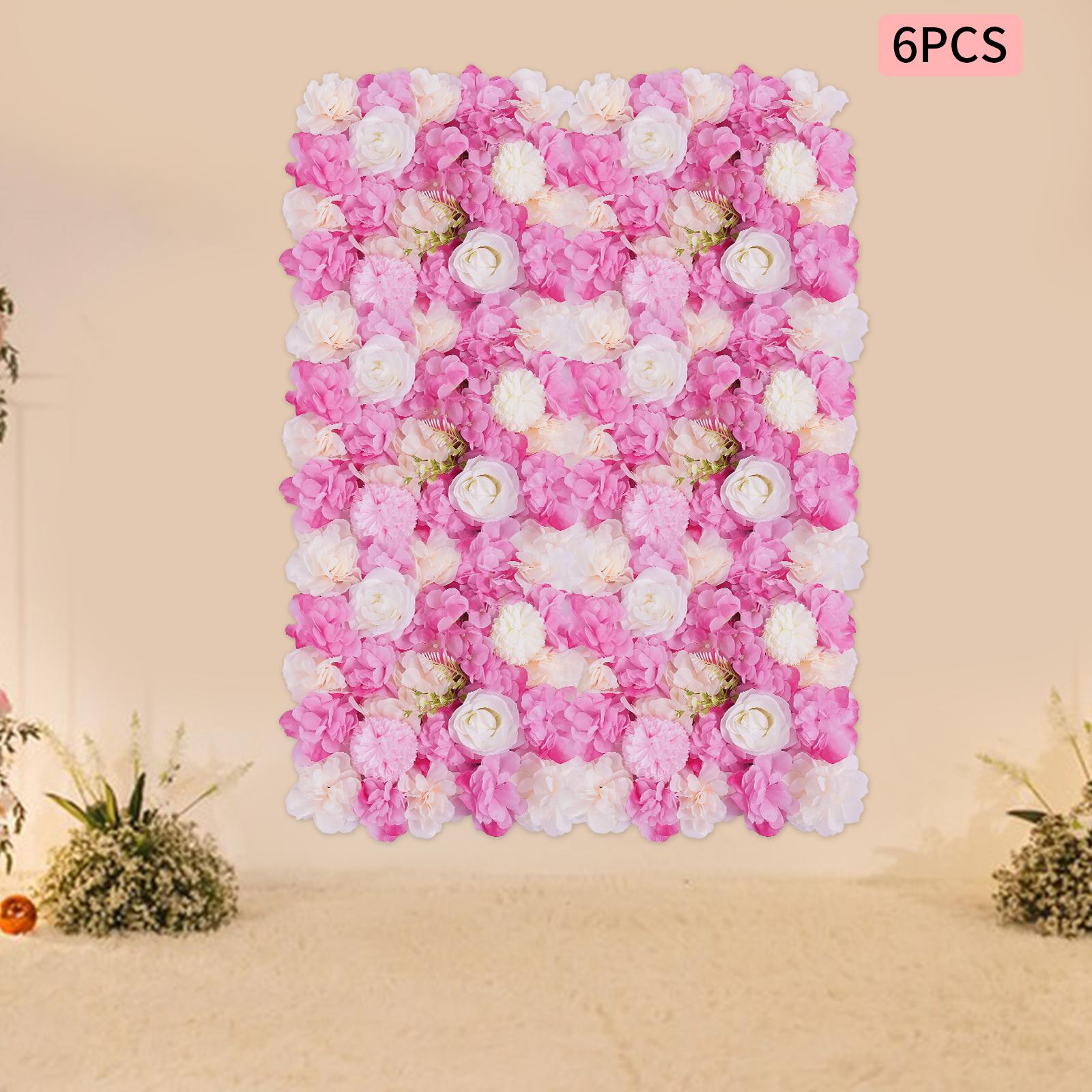 

6Pcs Artificial Flower Wall Panels, 15x15In 3D Rose Hydrangea Dahlia Floral Mat, Pink White Faux Flowers for Wedding, Home Decor
