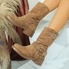 Fashion Metal Decor Mid Calf Boots for Women Khaki Faux Suede Chunky Heel Combat Booties Woman Autumn Winter Slip On Botas Mujer