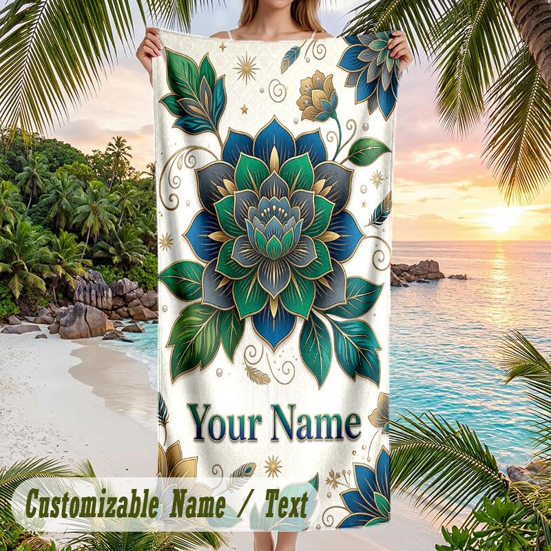 Floral Art Card 5 Theme Quick Dry Beach Towel Custom Name Text Print Large Sand Resistant Towel Beach Vacation