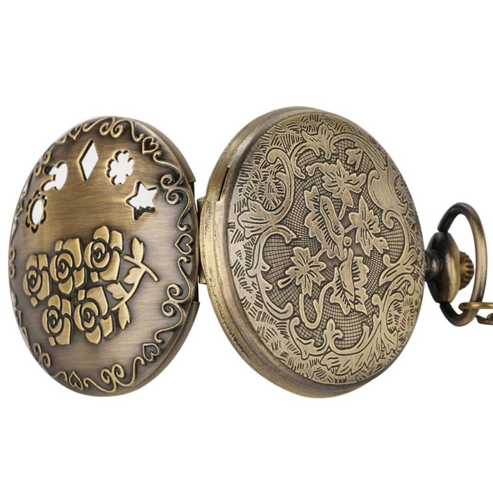 Unique Hollow Bronze Quartz Pocket Watch Rose Flower Pattern Necklace Pendant Clock Trendy Vintage Timepiece Gift for Men Women