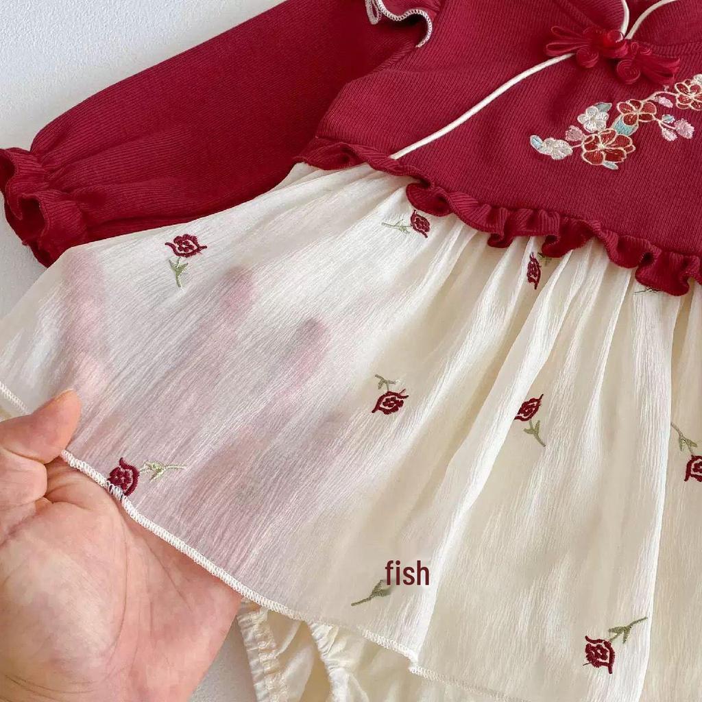 Tuta Pagliaccetto Principessa Bambina Stile Cinese - Outfit Primavera & Autunno per 100 Giorni a Un Anno