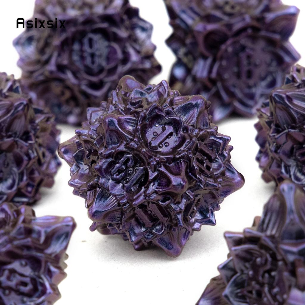 7 Pcs Purple Black Lotus Flower Metal DicePerfect For Rpgs, Board Games, And Card Games.Dice For Games, Dnd Dice Set
