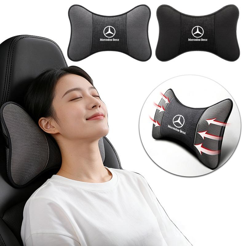 LJX1 2PC Car Seat Neck Pillow Leather Headrest Lumbar Waist Support Breathable For Mercedes Benz AMG W205 W204 W203 W210 W222 CLK GLA