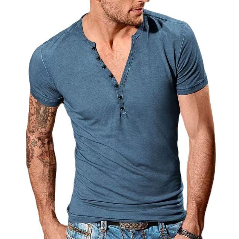Summer New Men's Casual Henry V-neck Short-sleeved T-shirt Men's Slim-fit Sports Base Shirt Top Men