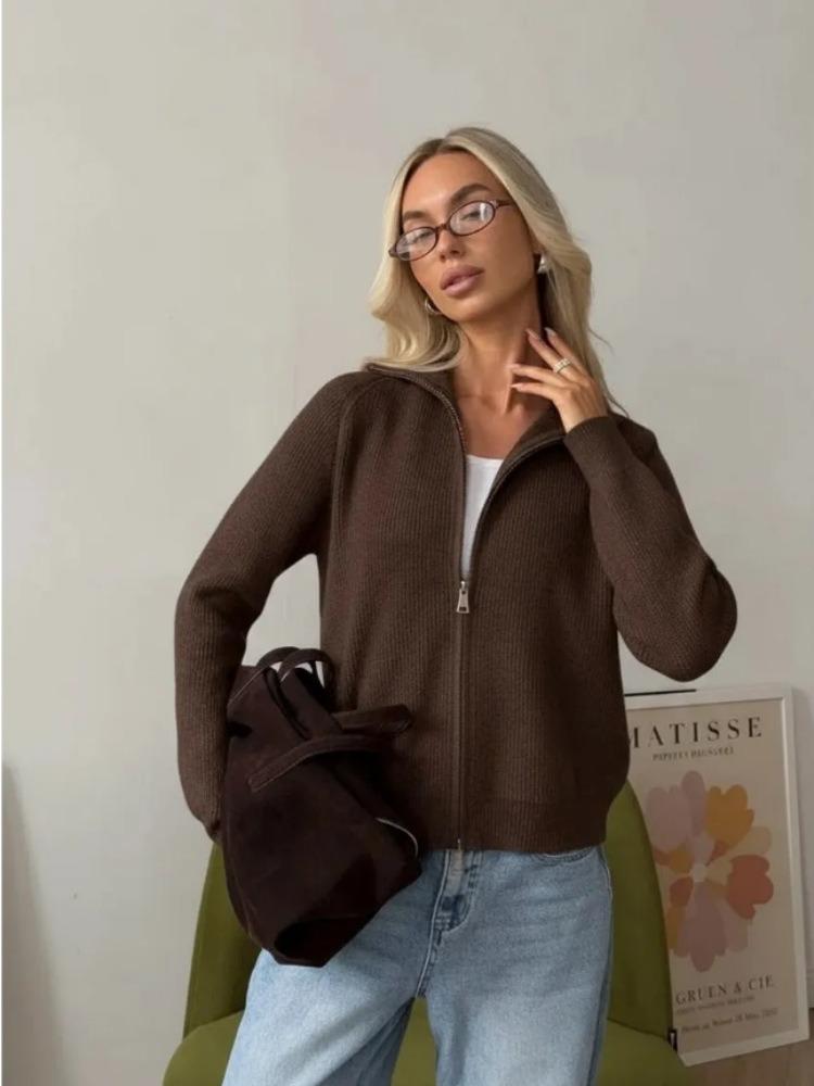 Knit Cardigan Double Zipper Women Sweater Long Sleeve Casual Drawstring Coat 2026 Autumn Winter Loose Fit Solid Color Jackets