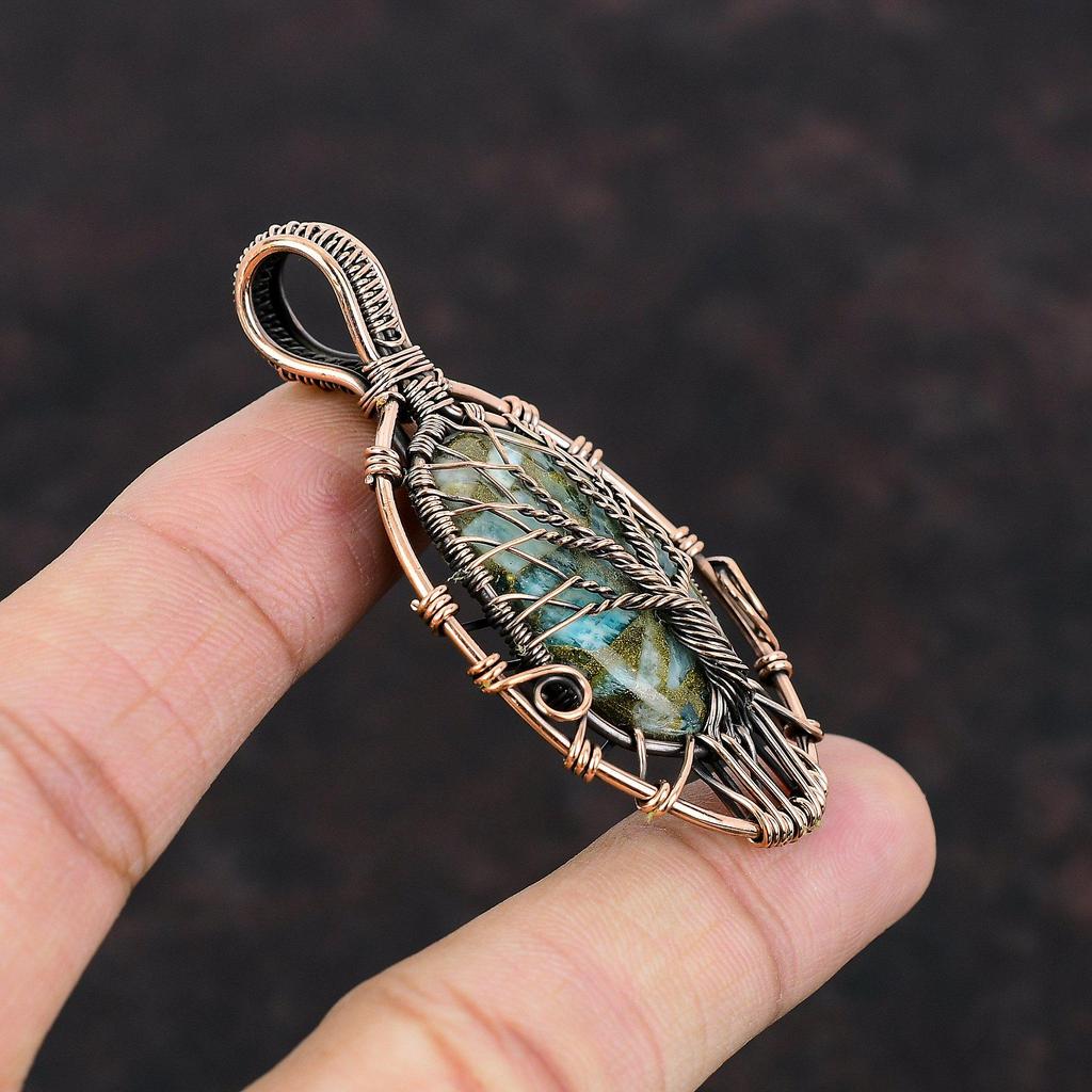 Tree Of Life Copper Amazonite Pendant Copper Wire Wrapped Pendant Gemstone Jewelry Designer Pendant Handmade Copper Jewelry Gift For Mother