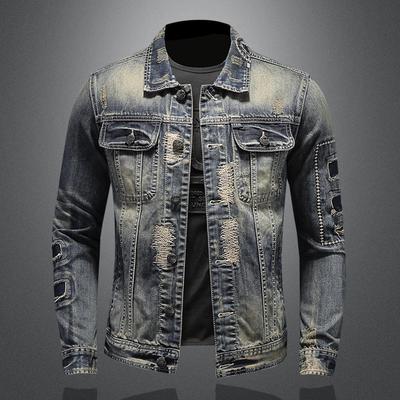 Neue Mode Herren Frühling und Herbst Schwere Arbeit Loch Patch männer Denim Jacke Top Retro Getragen Mantel