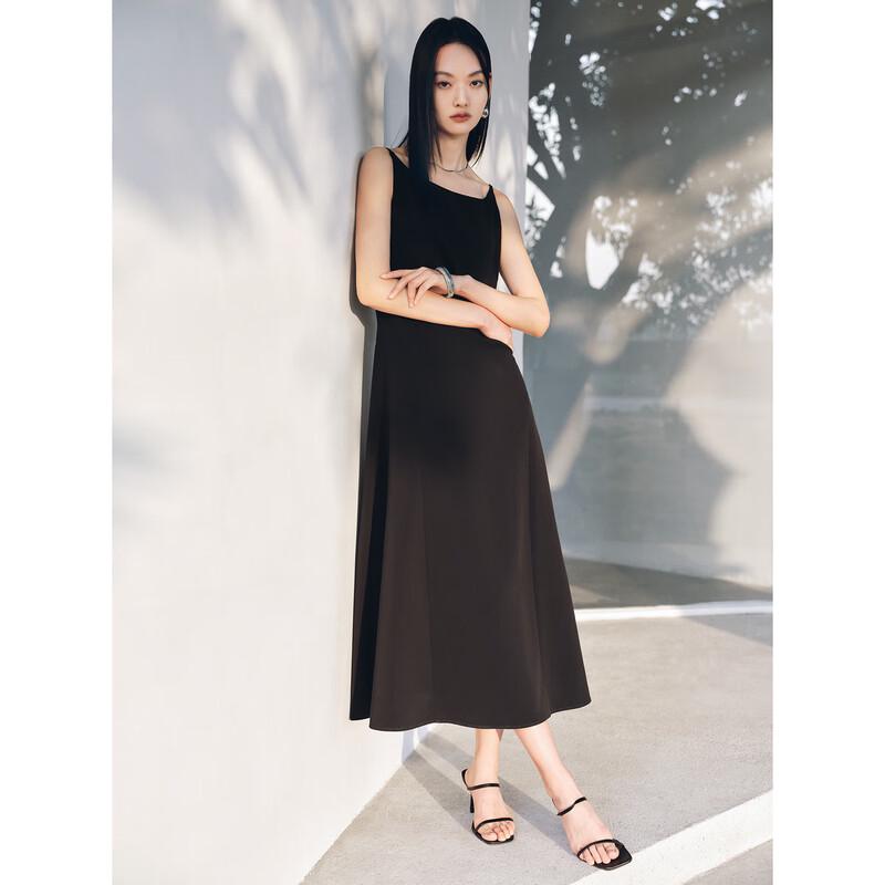 PEACEBIRD Women's Black Pearl Boat Neck Spaghetti Strap Dress