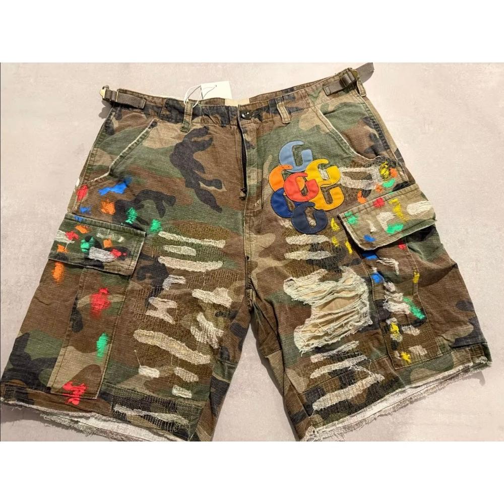 ZYLLO Summer Fashion Camouflage Splicing Leather Letter Washed Retro Knee Jeans Men Women Shorts