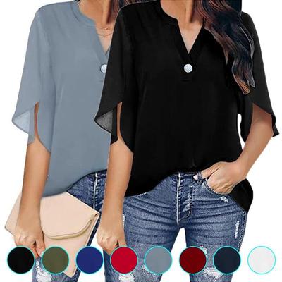 Women's Summer Tops Fashion V-neck Chiffon Blouses Casual Solid Color Flare Short Sleeve T-Shirts