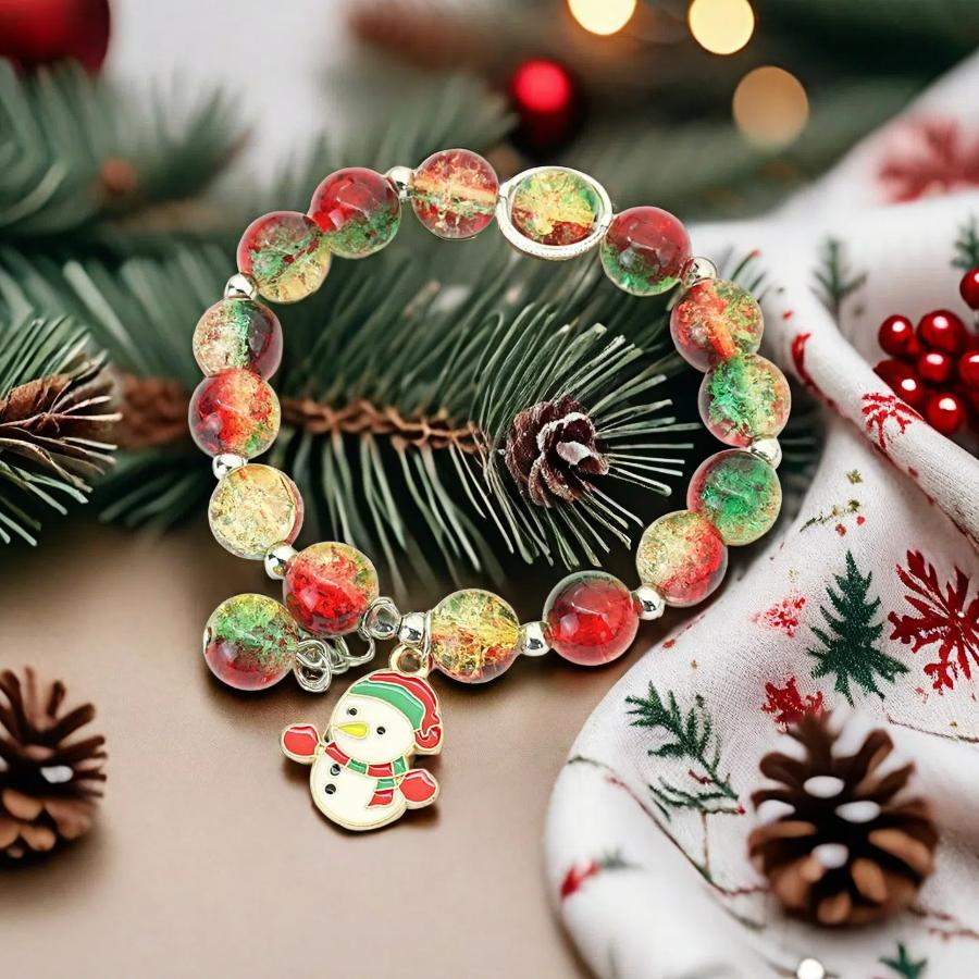 

New Fashion Women Christmas Bracelet 10mm A Grade Glass Beads Charm Braclet Perfect Gift For Her Snowman Deer Pendant Braslet