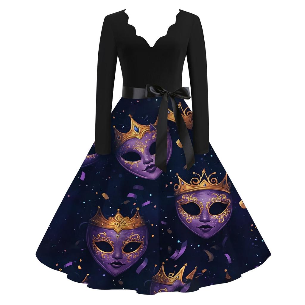 Women's Casual Fashion V-Neck Long Sleeve Carnival Print Vintage  Dress