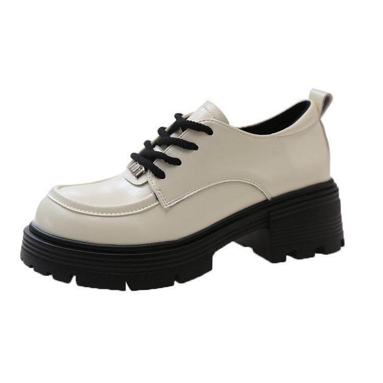 Premium lace-up medium heel single shoes British small leather shoes spring new thick soles increase