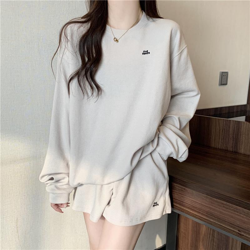 Waffle Casual Sports Suit Women's Loose Long Sleeved Sweatshirt Wide Leg Shorts Two-piece Set