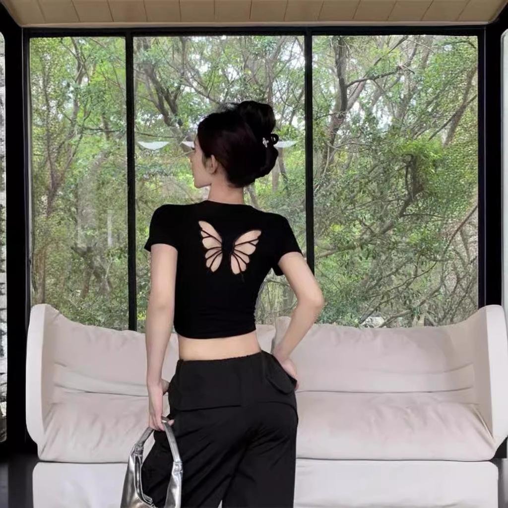 Hollow Bow Embroidery Front Shoulder Short Sleeve T-Shirt Women's Summer Navel Short Slim Skinny Spice Girl Top