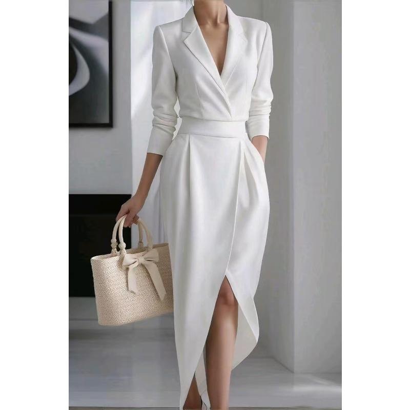 BITCED Women's Fashion Autumn Winter Solid Color Print V-Neck Long Sleeve Casual Dresses