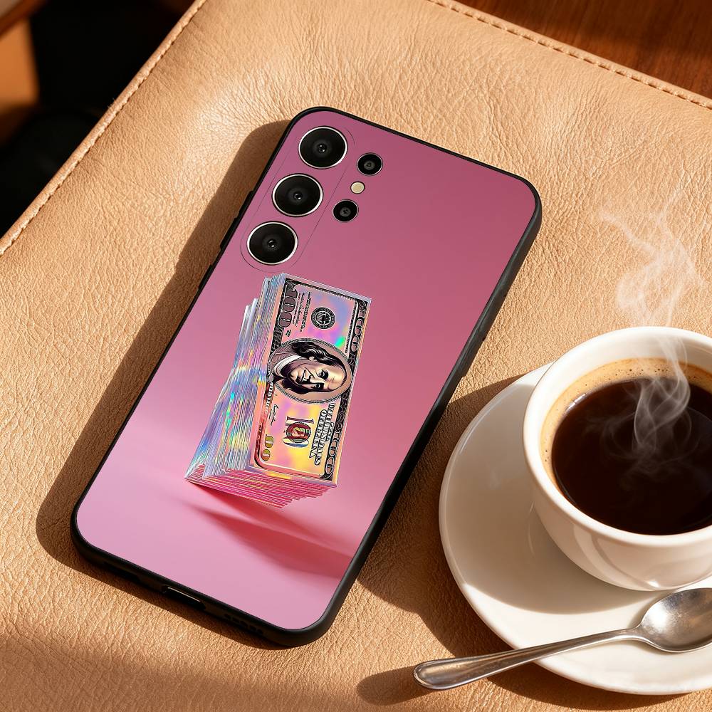 P-Pink D-Dollars Banknote Phone Case For Samsung S25,S24,S21,S22,S23,S30,Ultra,S20,FE,Lite,10,9,Black Cover