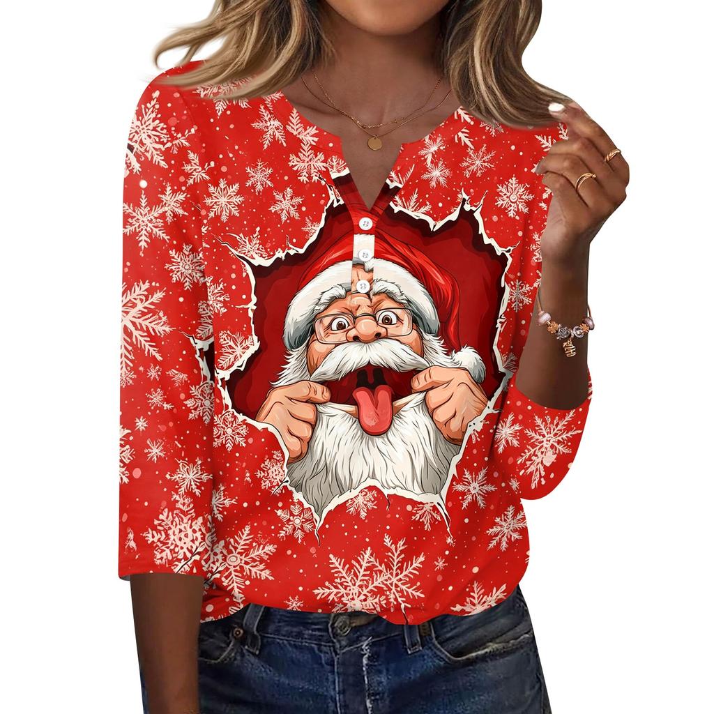 Women's Fashion Casual Christmas Print V-Neck Button Three-Quarter Sleeve T-Shirt Top