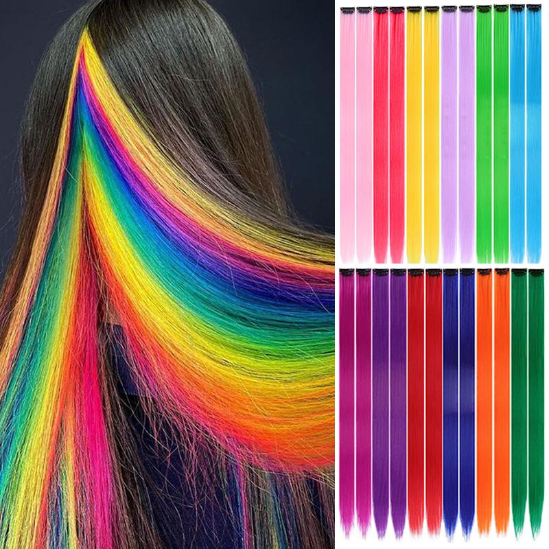

24Packs Colored Hair Extensions 22Inch Straight Color Clip in on Hair Extension Rainbow Party Highlights Synthetic Hairpiece(12 colors)