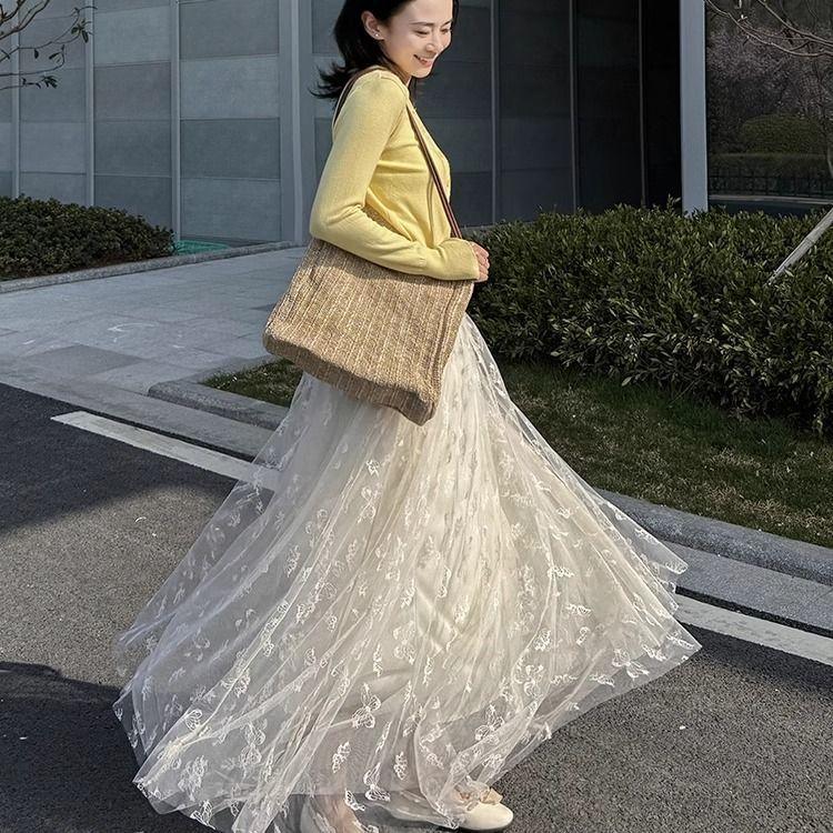 Fustă Midi A-Line din Tul cu Talie Înaltă pentru Femei, Primăvară/Vară - Croială Slim-Fit cu Broderie Fluturi, Imprimeu Floral și Estetică Dulce de Zână