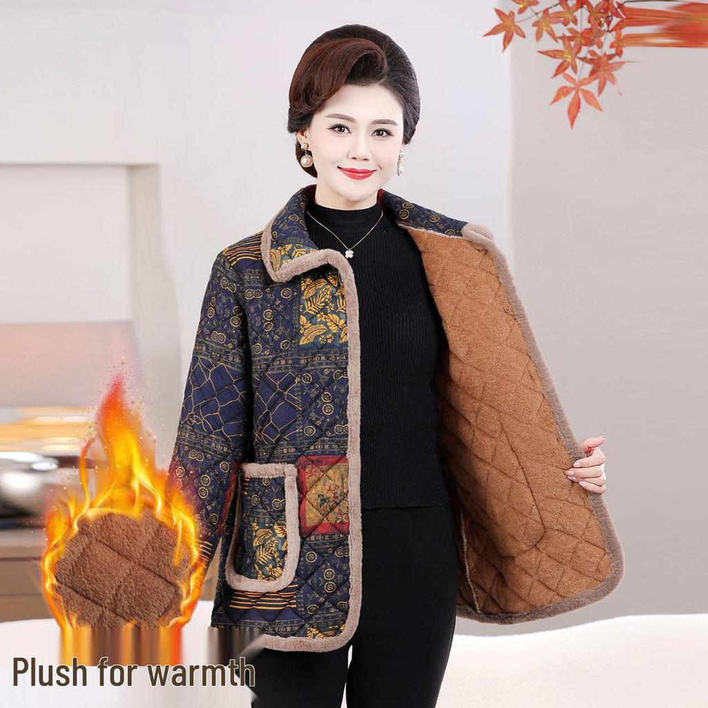 Plus Size Velvet-Lined Maternity Winter Coat for Middle-Aged & Elderly Women