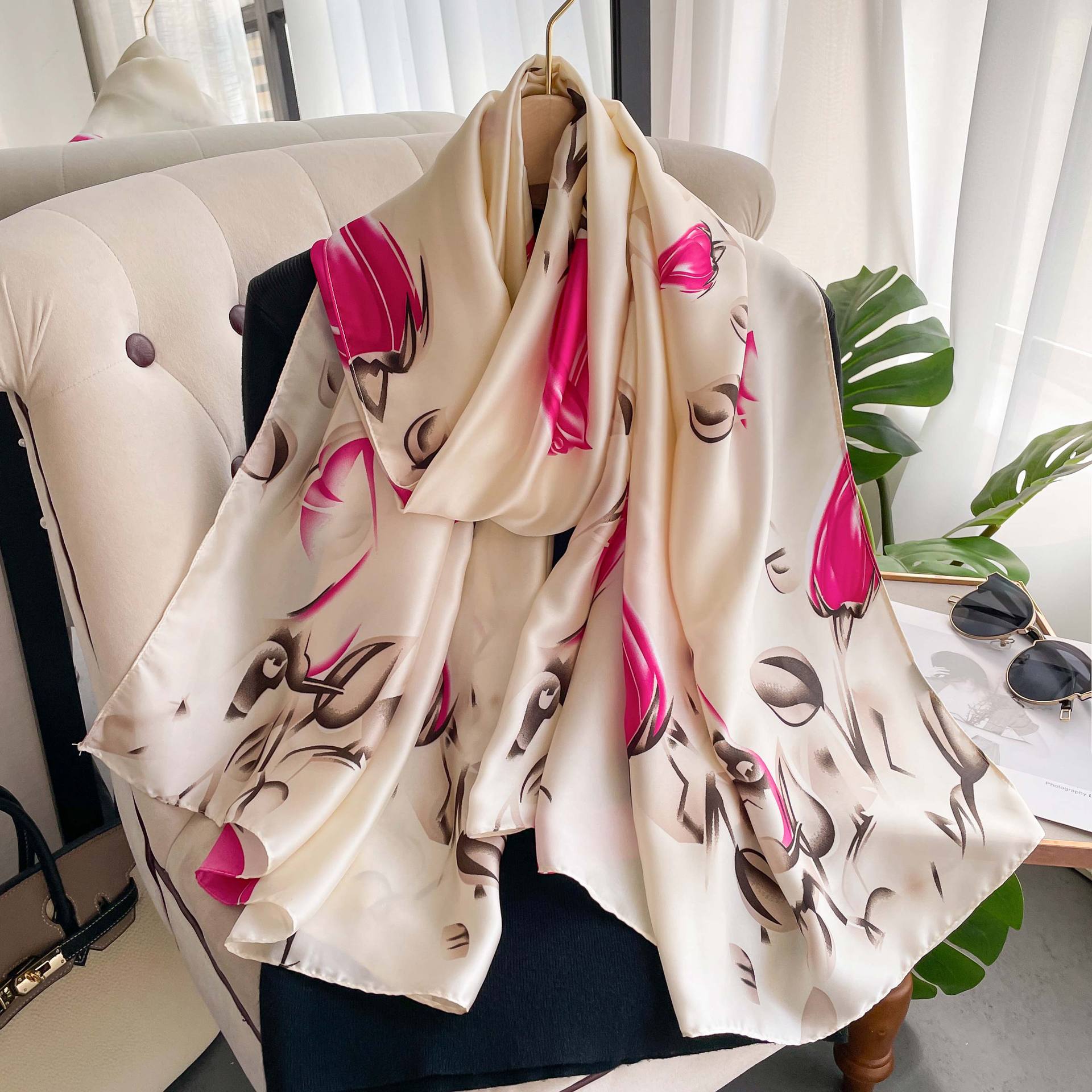 

Высококачественные роскошные шелковые шарфы, повязка на голову, шарфы, шейный шарф для женщин, шелковый шарф с цепочкой, женская декоративная шаль 180*90cm белый