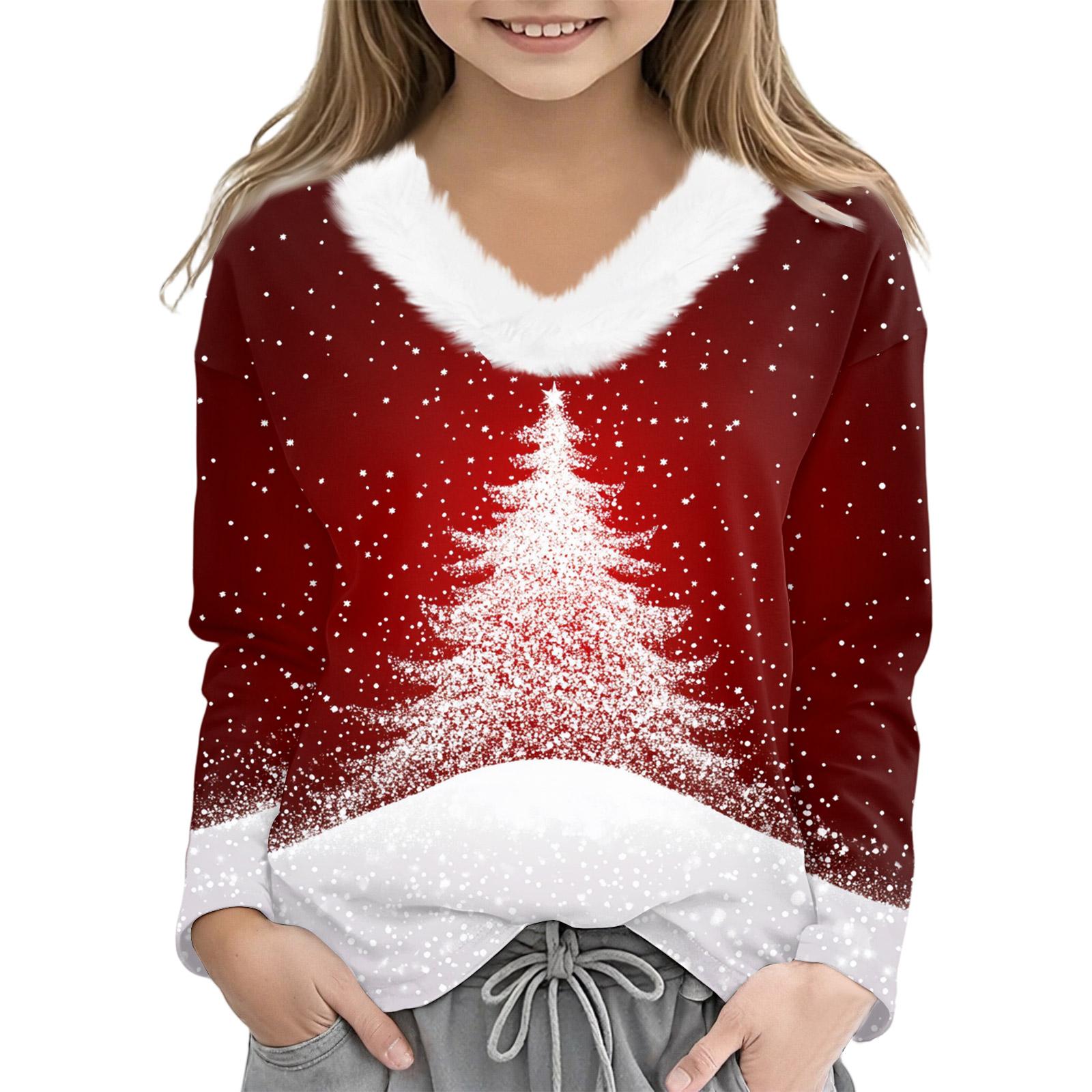 

Рождественские футболки с длинным рукавом для девочек, детская футболка с V-образным вырезом, рождественский принт, топ с длинным рукавом 140 белый