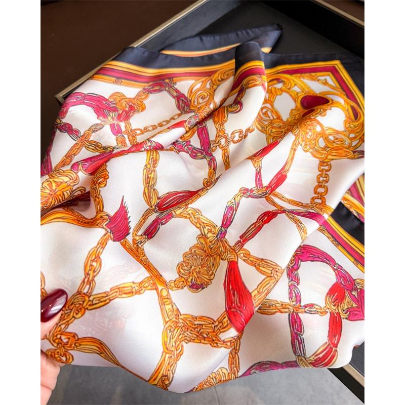 Luxury Vintage Printed Silk Like Square Scarf For Women