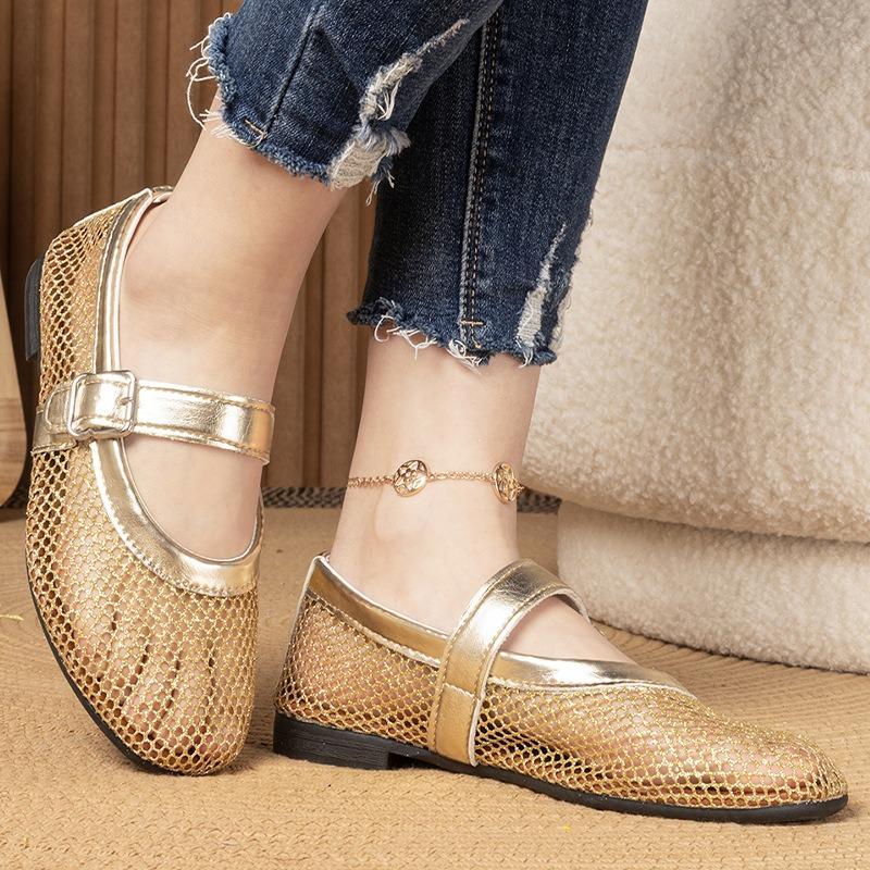 Round Headed Mesh Hollowed Out Single Button Shoes for Women, Comfortable Flat Shoes, Fishing Net Shoes