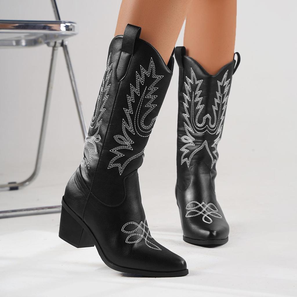 2024 Plus Size White Western High-Heeled Over-the-Knee Cowboy Boots for Women