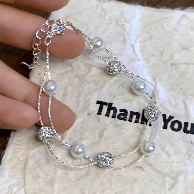 Elegant Silver Doublelayered Pearl Bracelet Chic Minimalist Titanium Steel Jewelry Women For
