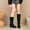 Fashion 2025 Plus Size Buckle Pleated Short Women's Boots European Solid Stretch Mid-Calf Boots Autumn Retro Comfortable Casual Shoes