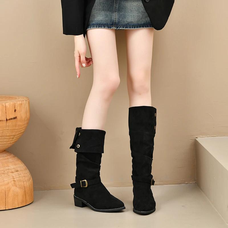 Fashion 2025 Plus Size Buckle Pleated Short Women's Boots European Solid Stretch Mid-Calf Boots Autumn Retro Comfortable Casual Shoes