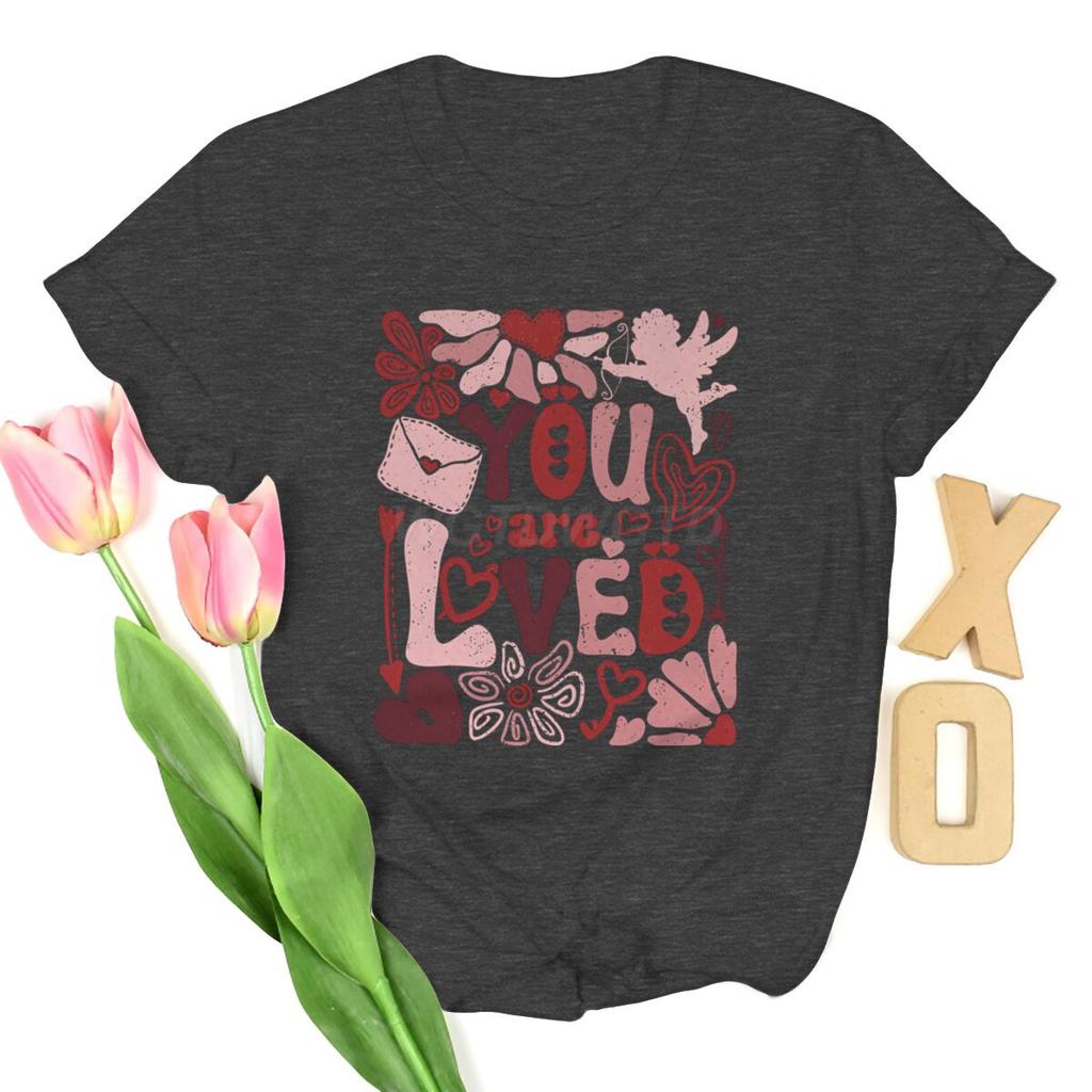 You Are Loved Graphic T Shirts Women Boho Valentine Floral Design Womens Clothing Valentines Day Heart Coquette Retro Tee Top